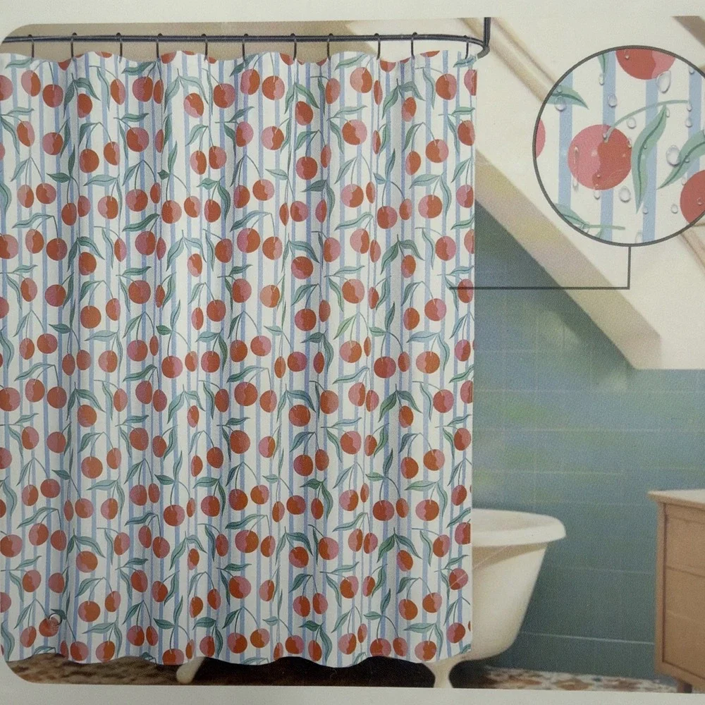 Whimsical Cherries Shower Curtain White Blue Stripe 100% Cotton Dream Home